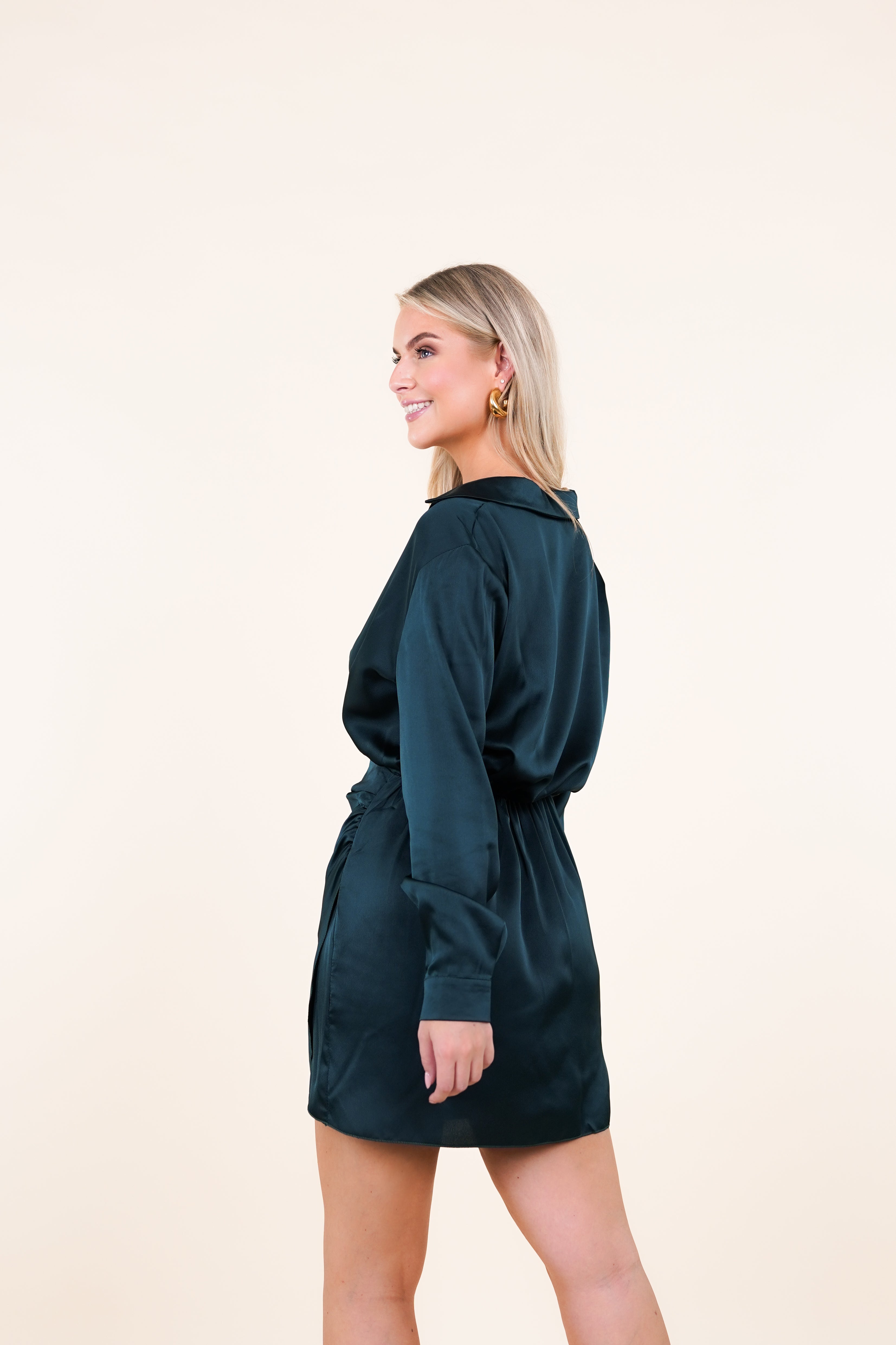 Satin jurk met lange mouwen petrol - Xeni